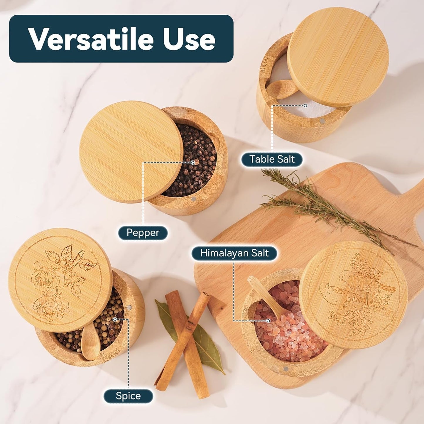 Salt Cellar, 2PCS Salt Container Bamboo Salt and Pepper Box for Countertop with Built-in Spoon & Swivel Lid, Spice Seasoning Storage Bowl, Elegant Salt Holder (Rose & Bird Engraving)