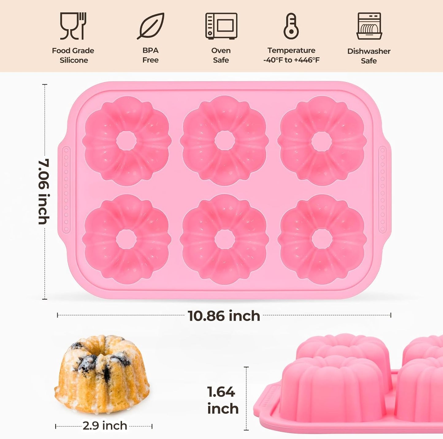 Mini Bundt Cake Pans for Baking, Silicone 6-Cavity Fluted Tube Cake Pan with Metal Reinforced Frame, Nonstick Baking Molds for Cupcake, Brownie, Donuts, Cornbread, Jello