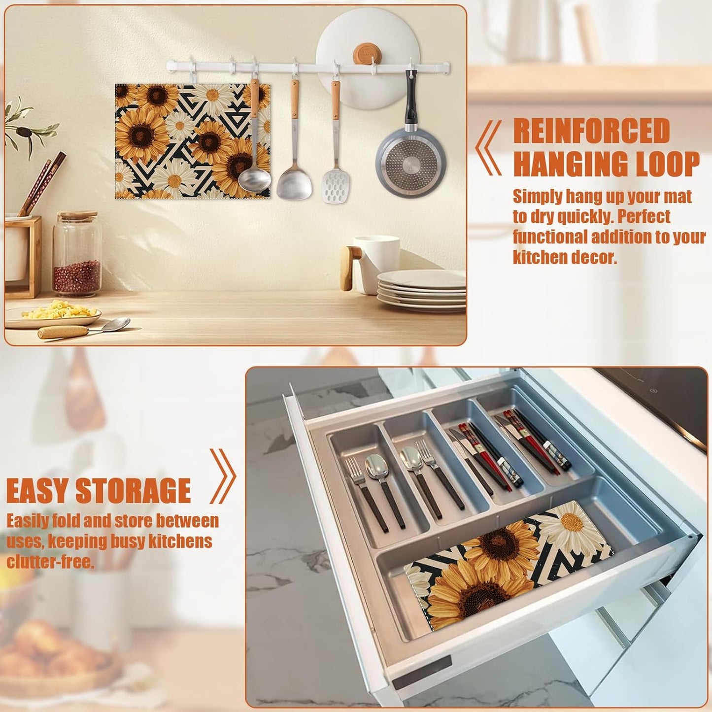 Vintage Sunflower Daisy Dish Drying Mat for Kitchen Counter Microfiber Absorbent Dish Kitchen Drying Mat Draining Reusable Washable for Dishes/Utensils/Counterto