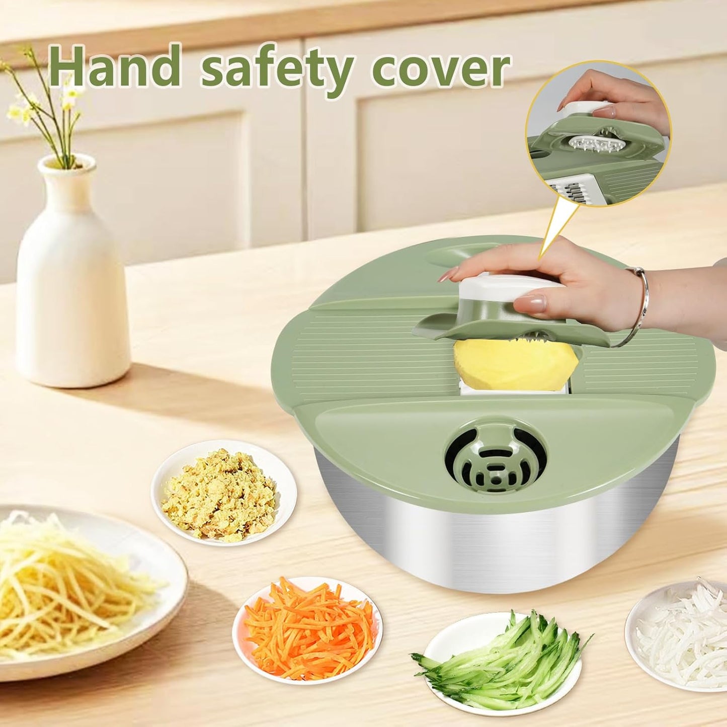 Stainless Steel Salad Spinner Large with 5 Blades Slicer, Lettuce Washer Spinner and Dryer, Vegetable Fruits Chopper Bowl, Egg Yolk Strainer Comes with Dipping Saucers and Clip, 5.3Qt