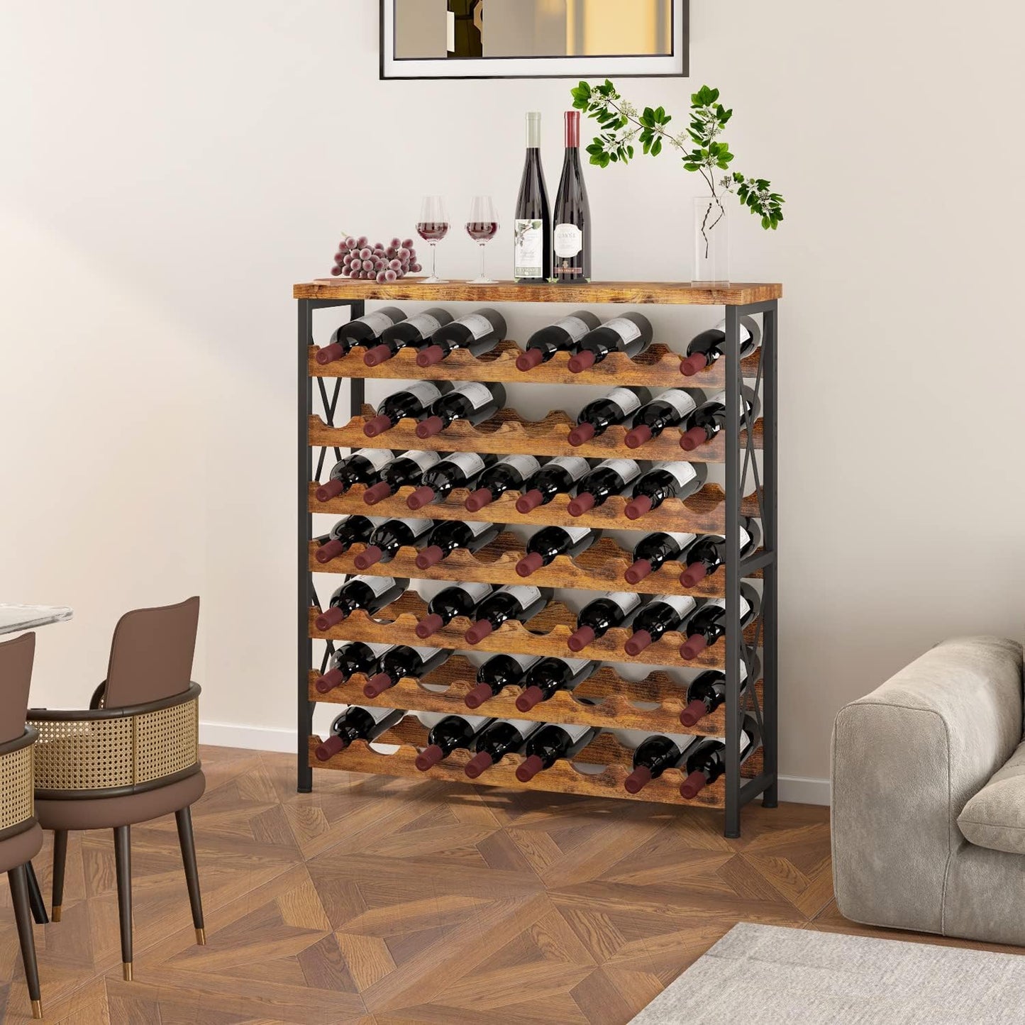 Homeiju 56-Bottle Wine Rack Freestanding Floor, Wooden Wine Storage Shelf, Stackable Wine Rack with Tabletop for Living Room,Kitchen or Wine Cellar