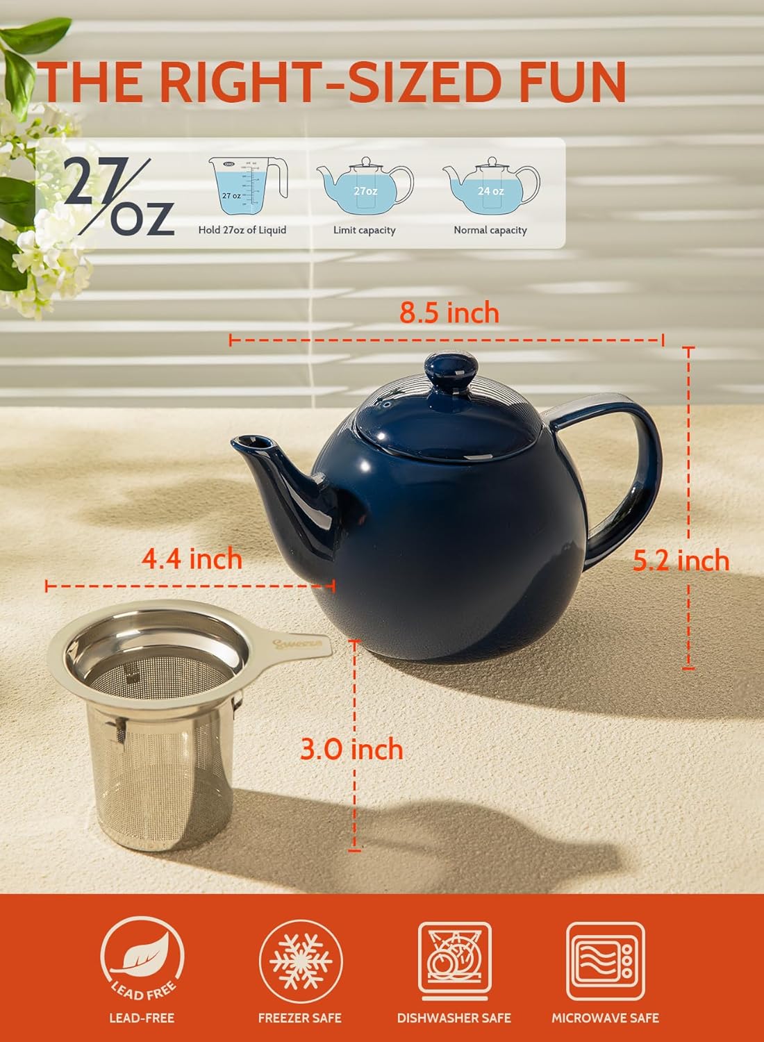 Sweese Teapot, Porcelain Tea Pot with Stainless Steel Infuser, Blooming & Loose Leaf Teapot - 27ounce, Navy