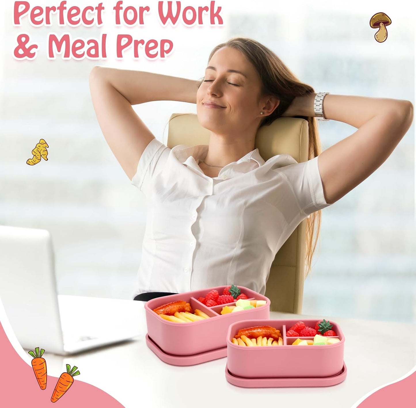 Honeydak 4 Pcs Silicone Bento Lunch Box 3 Compartment Reusable Leakproof Silicone Bento Lunch Container for Adults Microwave Dishwasher Freezer Safe(Red)