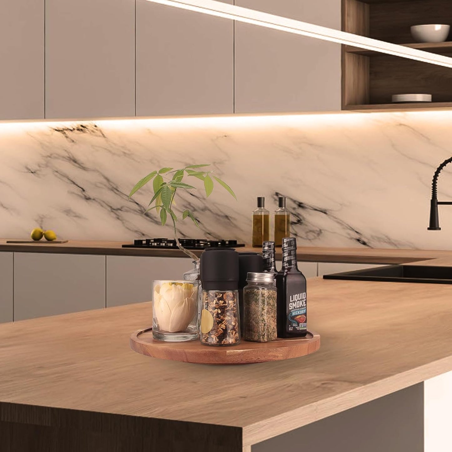 9 inch Wooden Lazy Susan Turntable, Acacia Wood Spinning Organizer for Dining Table, Cabinet, Fridge, countertop, Pantry