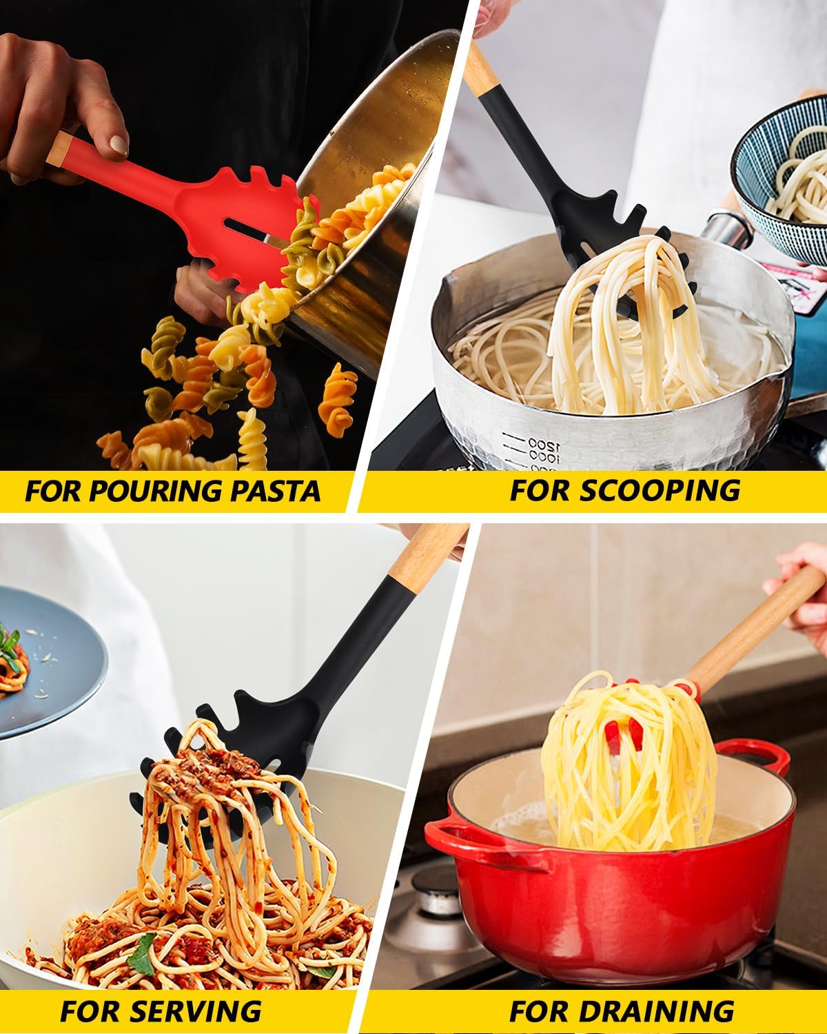 Pack of 2 Spaghetti Spoon, Silicone Pasta Fork with Wooden Handle, Heat Resistant Noodle Spoon Server, BPA Free Spaghetti Strainer(BLACK-RED)