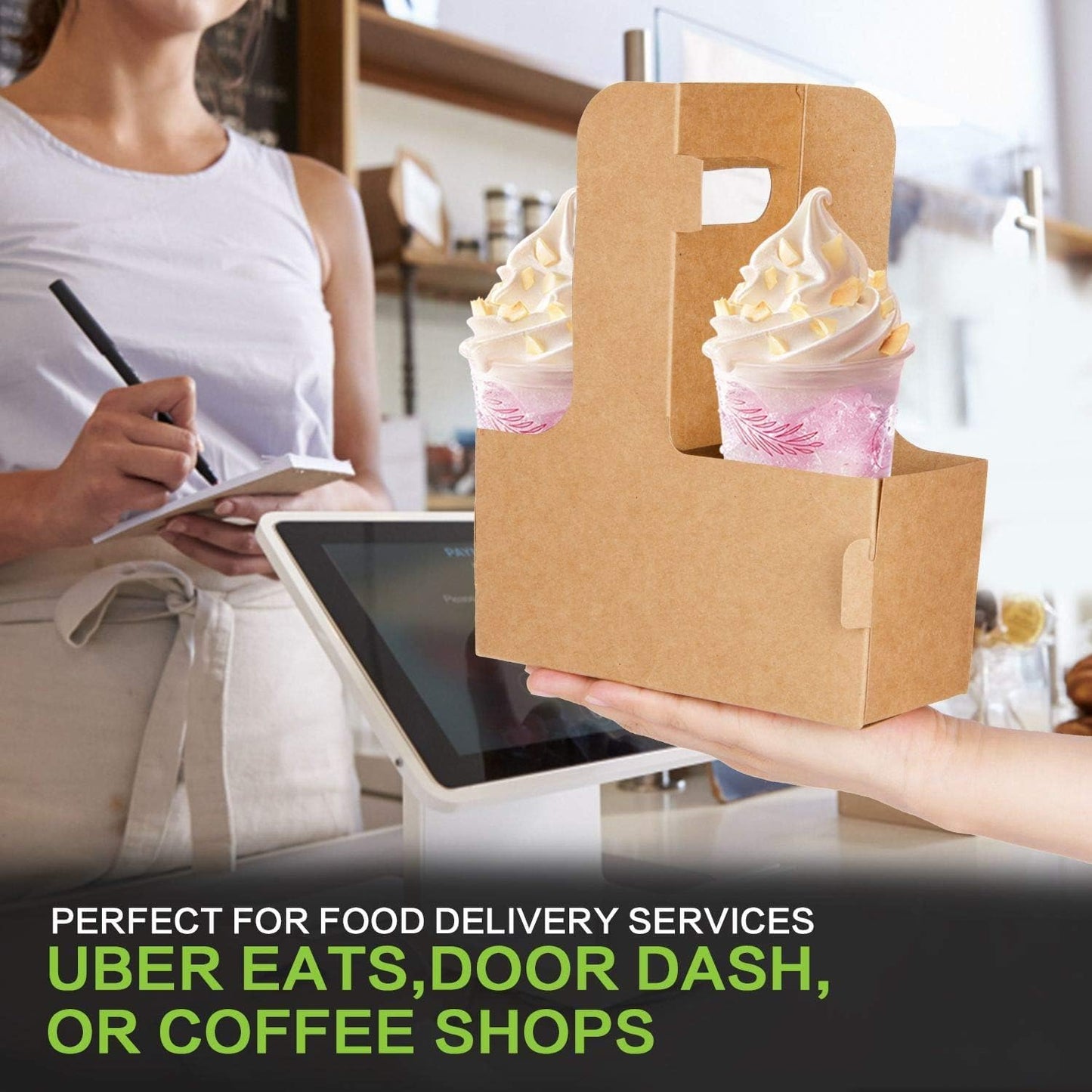 100 Pack Kraft Drink Carrier with Handles - 2 Cups or 4 Cups Assemblable Disposable Paperboard Drink Holders Great for All Your Drink and Food Delivery(2 Cup-100 Pack)