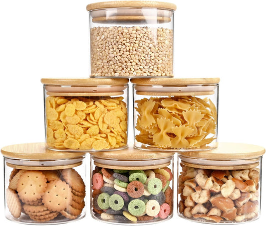 15oz Glass Food Storage Jars, Glass Jars with Bamboo Lids, Kitchen Storage Jars, Set of 6, Canisters with Airtight Lids for Spice, Coffee, Cookie, Pantry Organizers