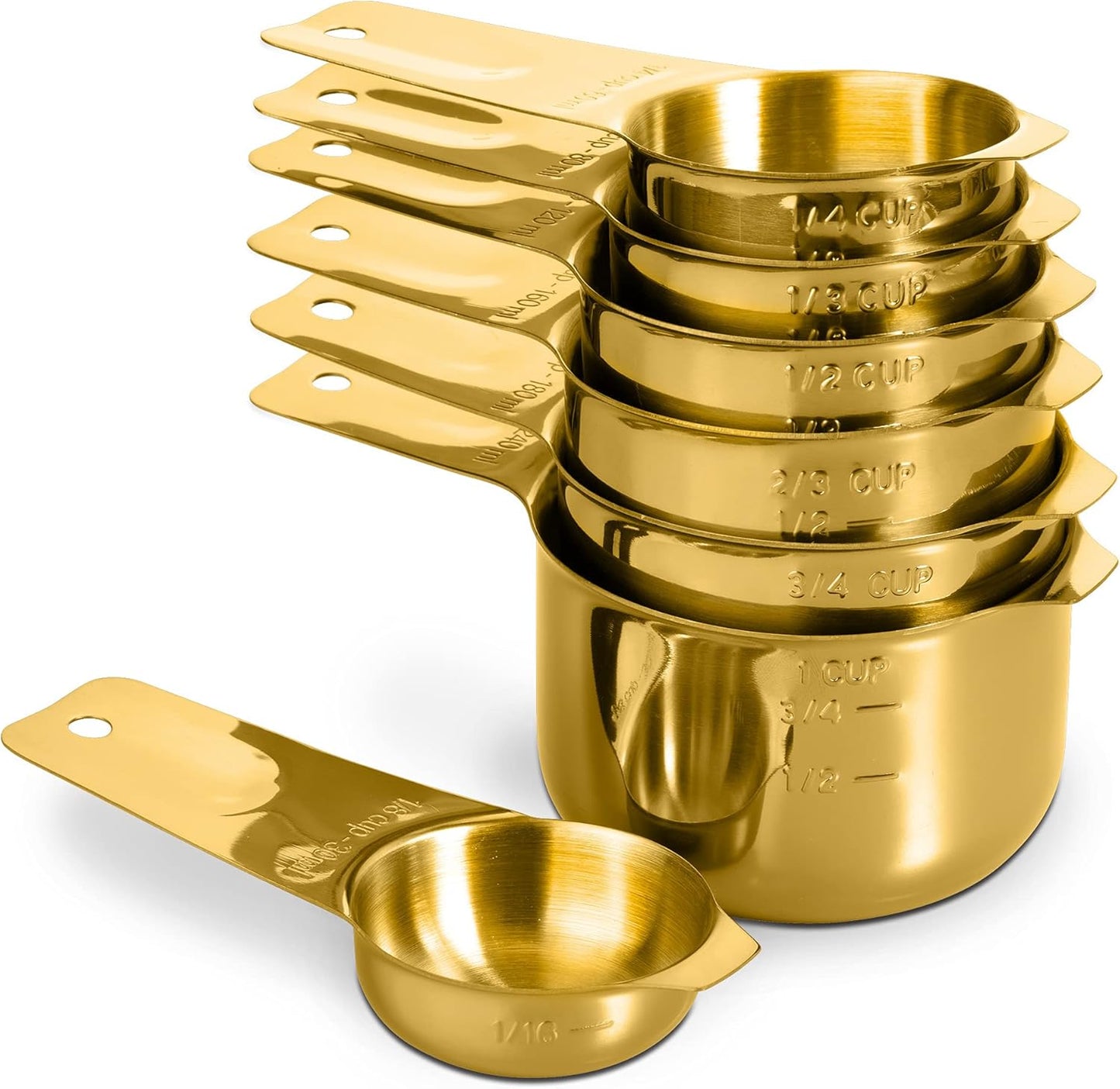 Set of 7 Heavy Duty Measuring Cups, 18/8 Stainless Steel with Ring Connector, Gold