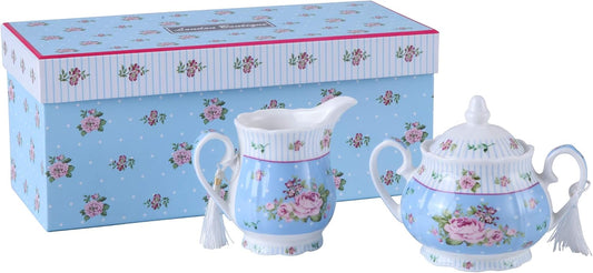 London Boutique Porcelain Teapot Sugar Bowl and Cream Milk Jug Shabby Chic Vintage Floral in Gift box 40oz (Cream & Sugar Set Rose Blue)