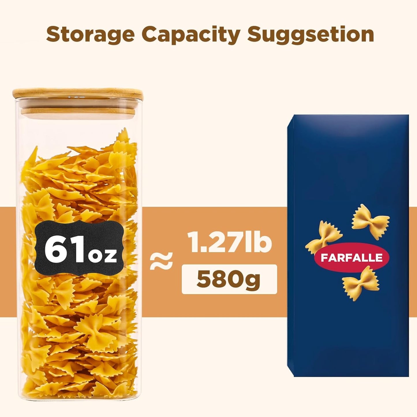 Glass Food Storage Jars Square 61oz, 3 Pack Glass Jars With Bamboo Lids, Kitchen Storage Containers For Spice, Candy, Cookie, Storage For Pantry Organizers