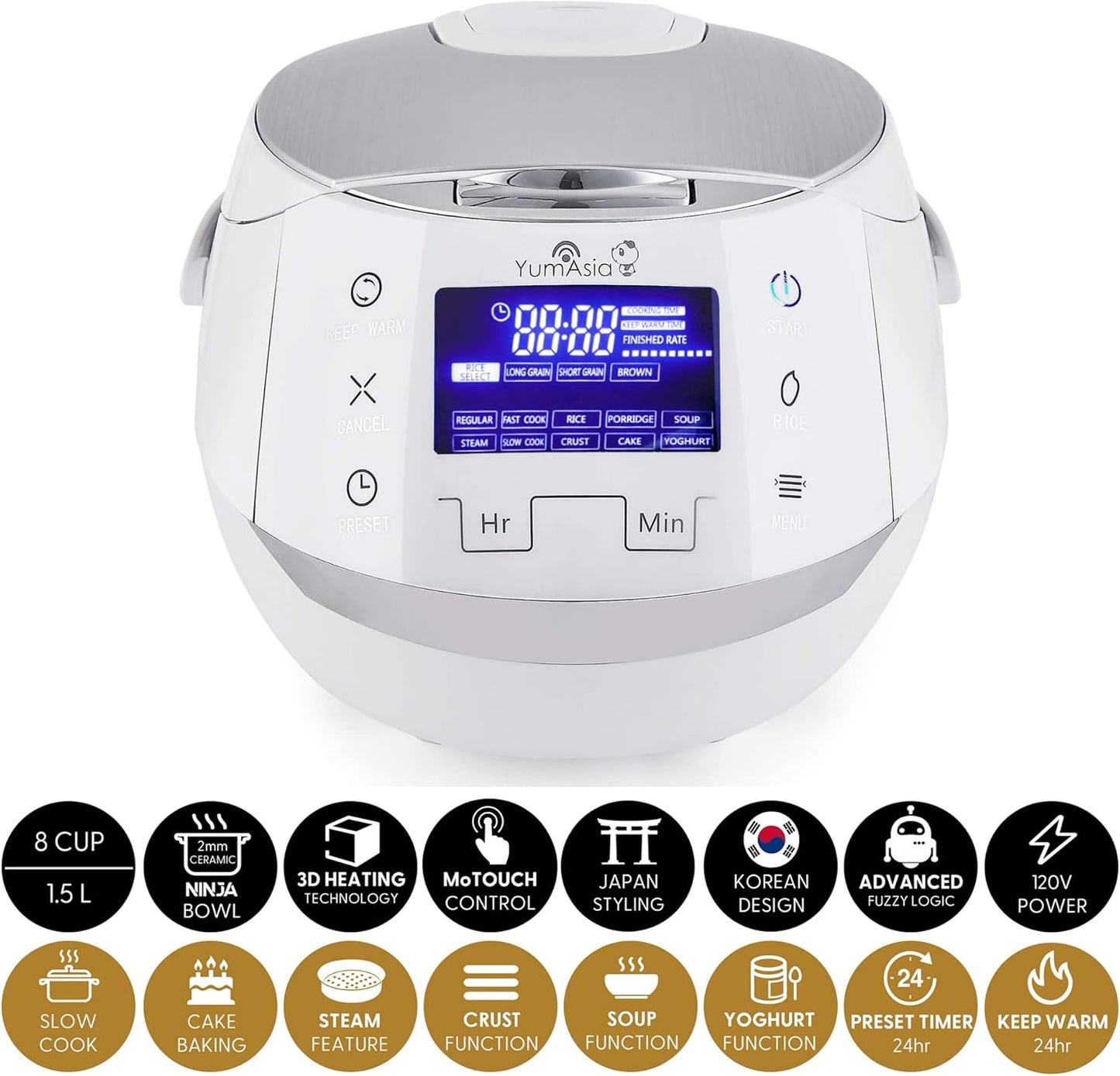 Yum Asia Sakura Rice Cooker with Ceramic Bowl and Advanced Fuzzy Logic (8 Cup, 1.5 Litre) 6 Rice Cook Functions, 6 Multicook Functions, Motouch LED Display, 120V Power (White and Siver)