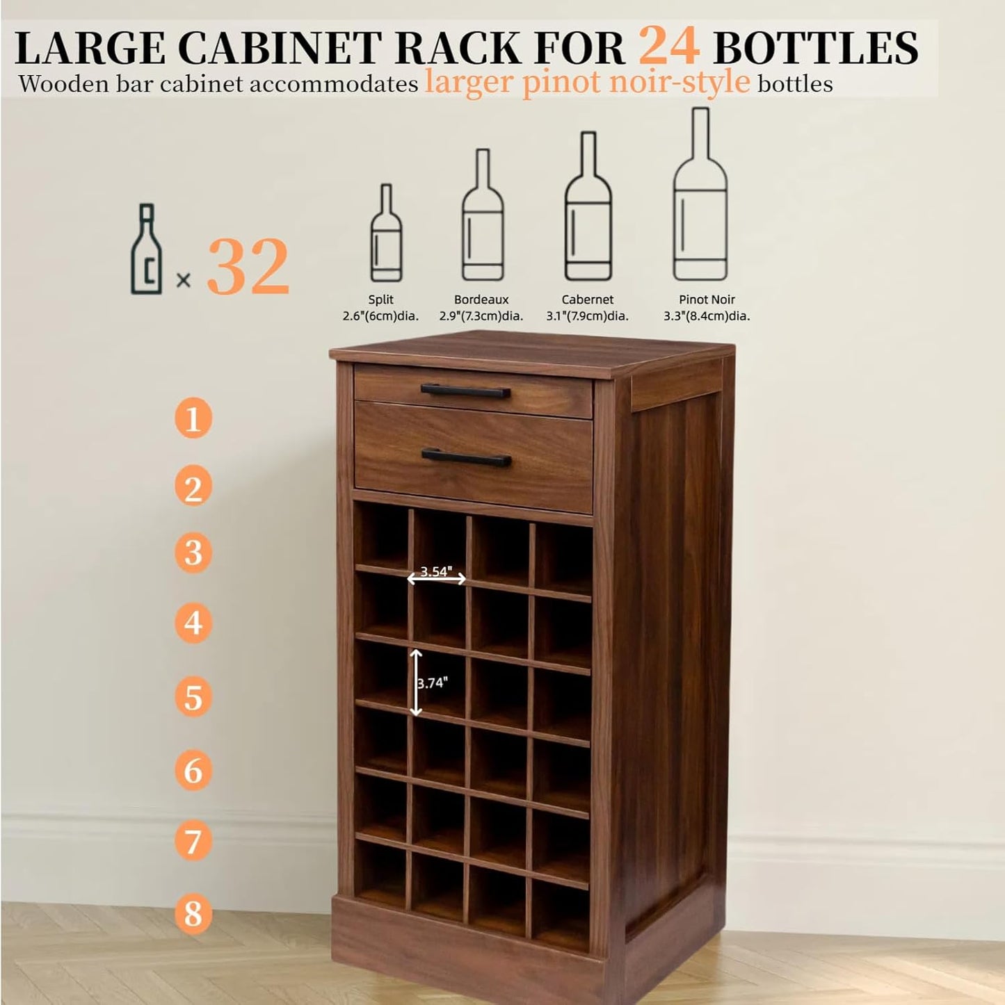 WERSMT 6-Tier Wine Rack Freestanding Floor with 2 Drawers, 24 Bottles Wood Wine Rack Counter for Small Space, Farmhouse Stackable Modular Wine Bottle Holder Rack, Walnut
