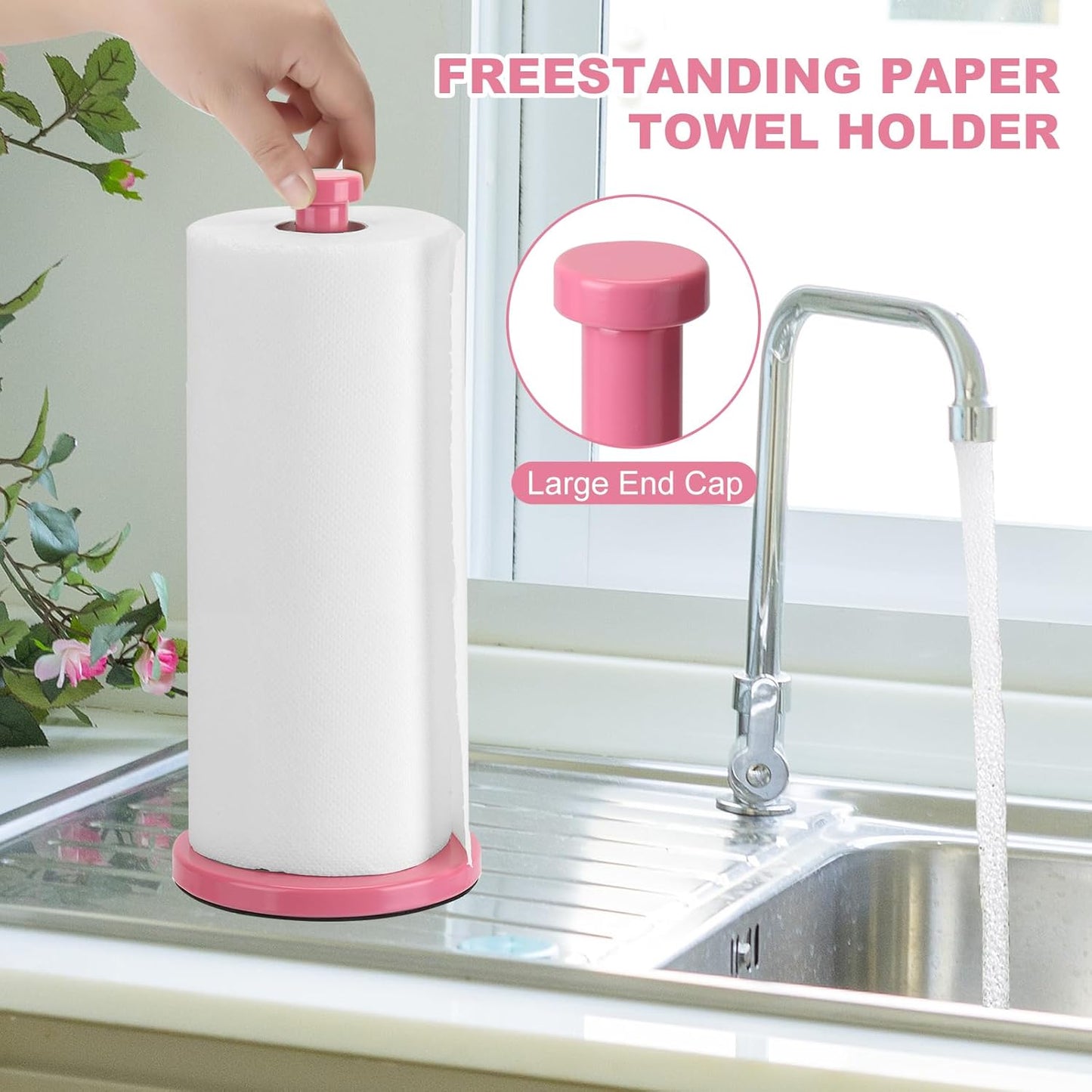 Stainless Steel Paper Towel Holder, Pink, Countertop for Kitchen & Bathroom, Standing with Weighted Base for Standard or Rolls, Brushed Brass