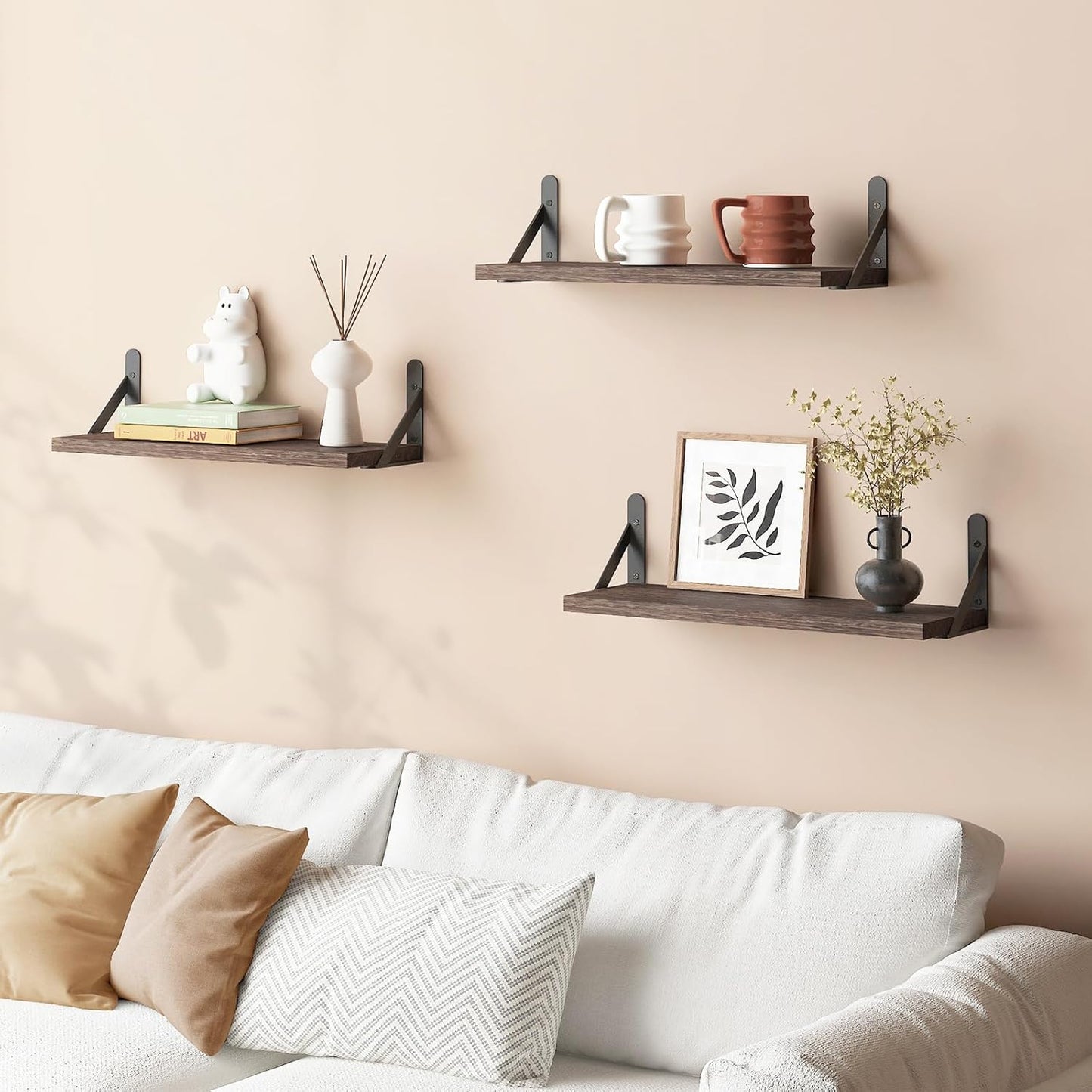 YGEOMER 16.5 Inch Floating Shelves for Wall, Farmhouse Wall Shelves for Bedroom, Bathroom Storage, Living Room and Kitchen Decor (Set of 6 Brown)