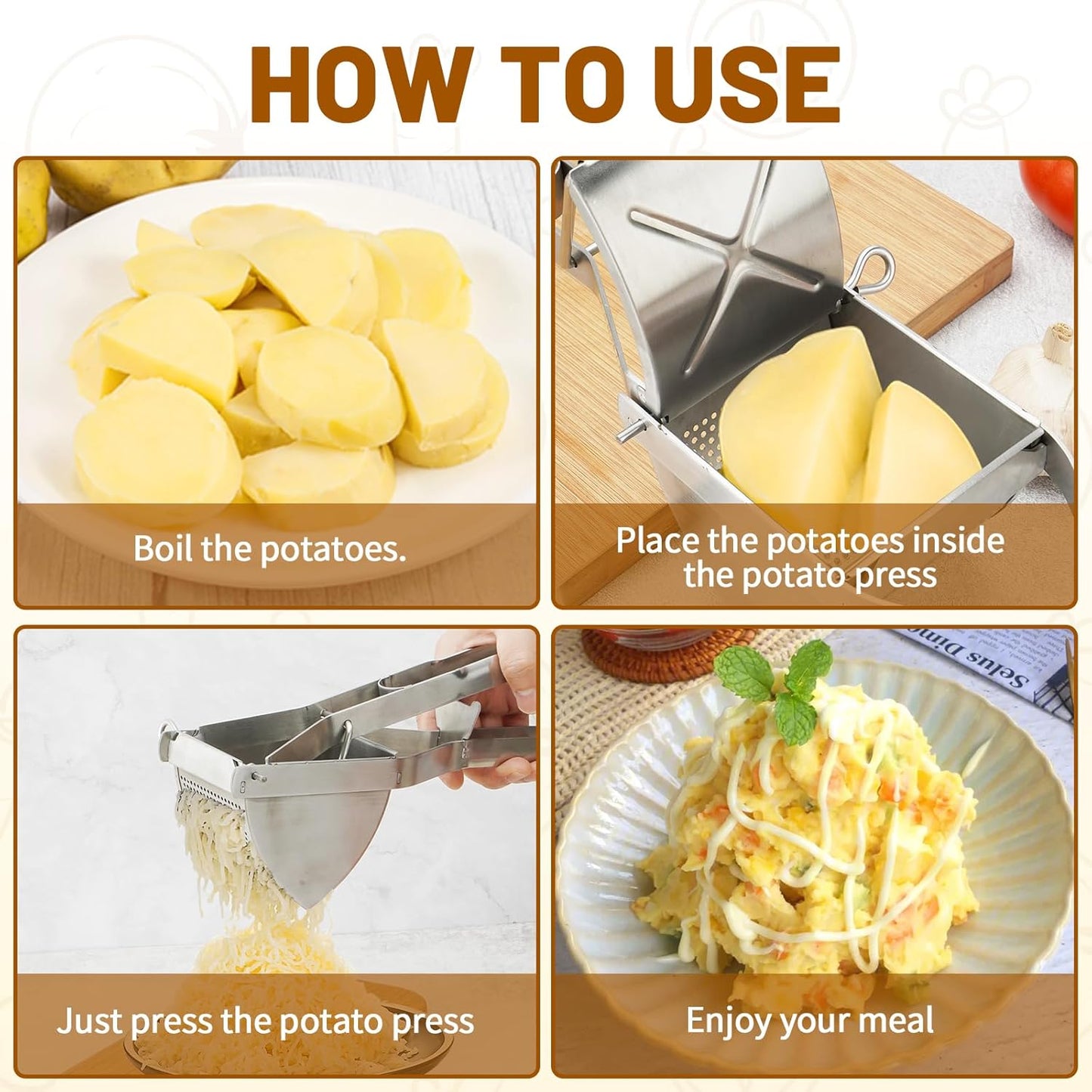 Heavy Duty Stainless Steel Professional Ricer for Mashed Potatoes and Ricer Kitchen Tool, Mash Potato Masher for Creamy Mashed Potatoes (Potato Ricer Set)