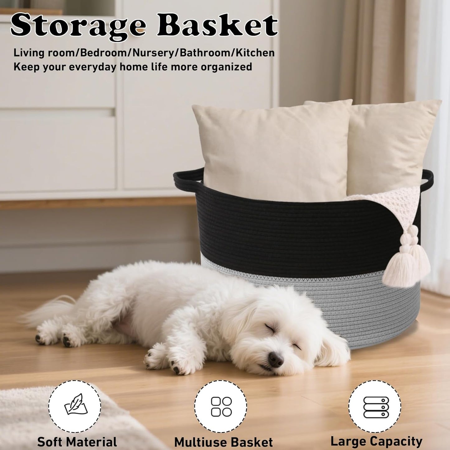 Large Blanket Basket for Organizing,65L Closet Organizers and Storage Bins Box for Shelves Woven Rope Storage Baskets,Living Room,Bedroom,Dorm,Laundry room (Black&Light Grey)