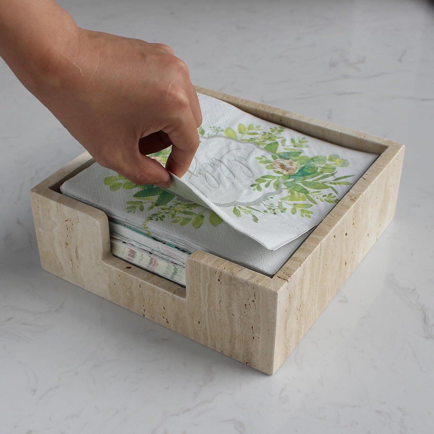 Travertine Luncheon Napkin Holder 7.5" x 7.5" x 2.76" for Table, Cocktail Napkin Tray for Restaurant/Kitchen