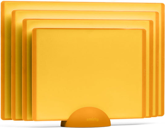 SMIRLY Plastic Cutting Board Set with Holder 4 Pieces, Non-Slip Dishwasher Safe Chopping Boards for Kitchen, Yellow