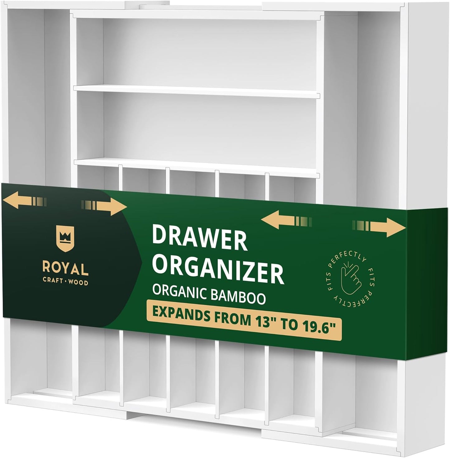 ROYAL CRAFT WOOD Luxury Bamboo Kitchen Drawer Organizer - Silverware Organizer - Utensil Holder and Cutlery Tray with Grooved Drawer Dividers for Flatware and Kitchen Utensils (9 Slot, White)