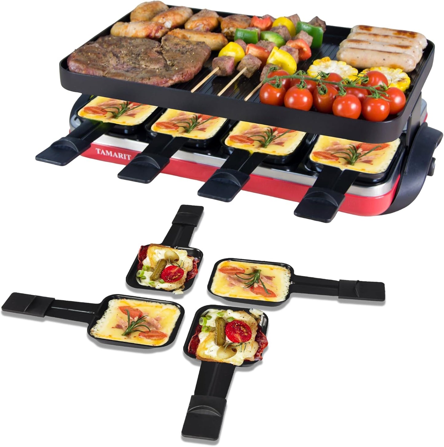 TAMARIT Classic 8 Person Raclette Grill 1500W Electric Tabletop Grill with Reversible Plate, 8 Non-Stick Raclette Trays & Spatulas Indoor Portable Korean BBQ Barbecue Grill, Party Grill Red