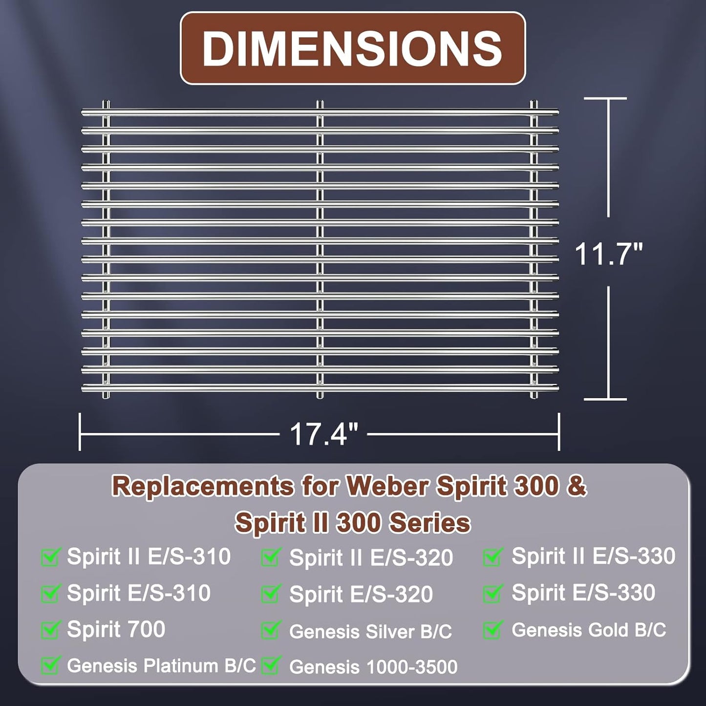 QuliMetal SUS304 Grill Grates for Weber Spirit 300 and GS4 Spirit II 300 Series, Spirit 700, Genesis Silver B & C, Genesis Gold B & C, Genesis Platinum B & C, Genesis 1000-3500