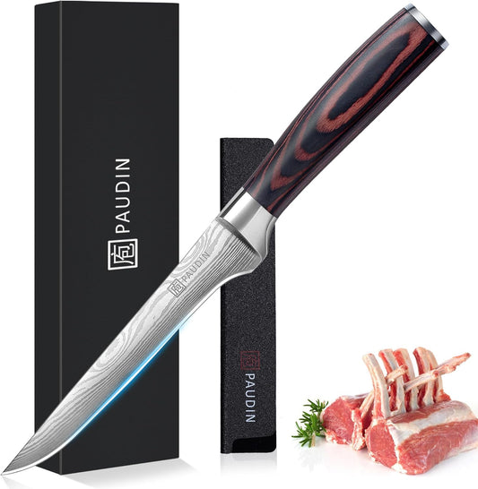 PAUDIN Boning Knife 6 Inch, Super Sharp Fillet Knife, German High Carbon Stainless Steel Deboning Knives, Professional Boning Knives for Meat Poultry Chicken, Pakkawood Handle with Gift Box