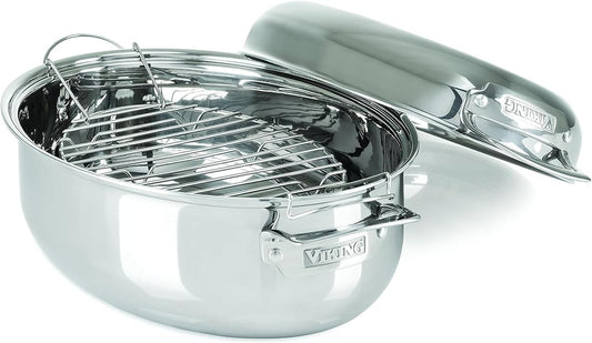 Viking 3-Ply Oval Roasting Pan, 8.5 Quart, Stainless Steel Kitchen Cookware with Metal Induction Lid and Rack, Great for Turkey, Dishwasher and Oven Safe, Silver