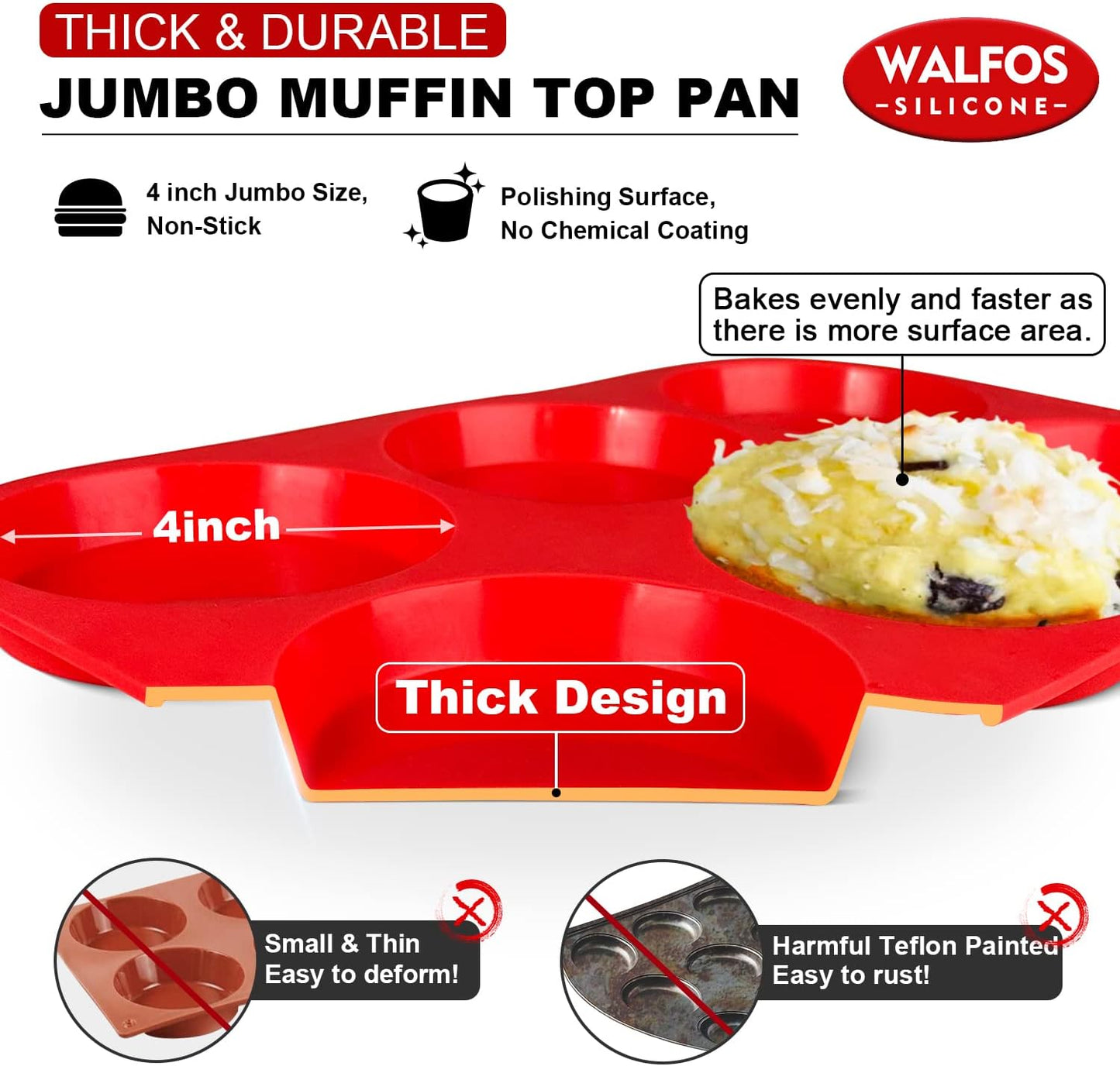Walfos Silicone Muffin Top Pans for Baking 4inch Jumbo Size, Perfect Results Premium Non-Stick Bakeware Egg Baking Pan, Great for Eggs, Hamburger Bun, Muffin Top and More, Food Grade & BPA Free, 2pcs