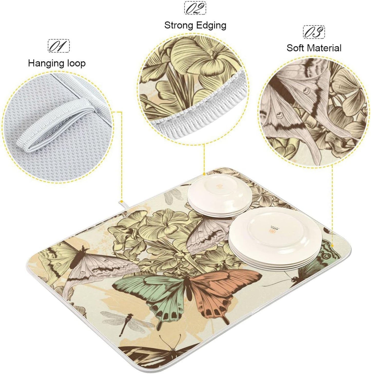 Super Absorbent Dish Drying Mat, Microfiber Fast-Drying Dish Mat, 16" x 18", Kitchen Dish Drying Pad, Retro Butterfly