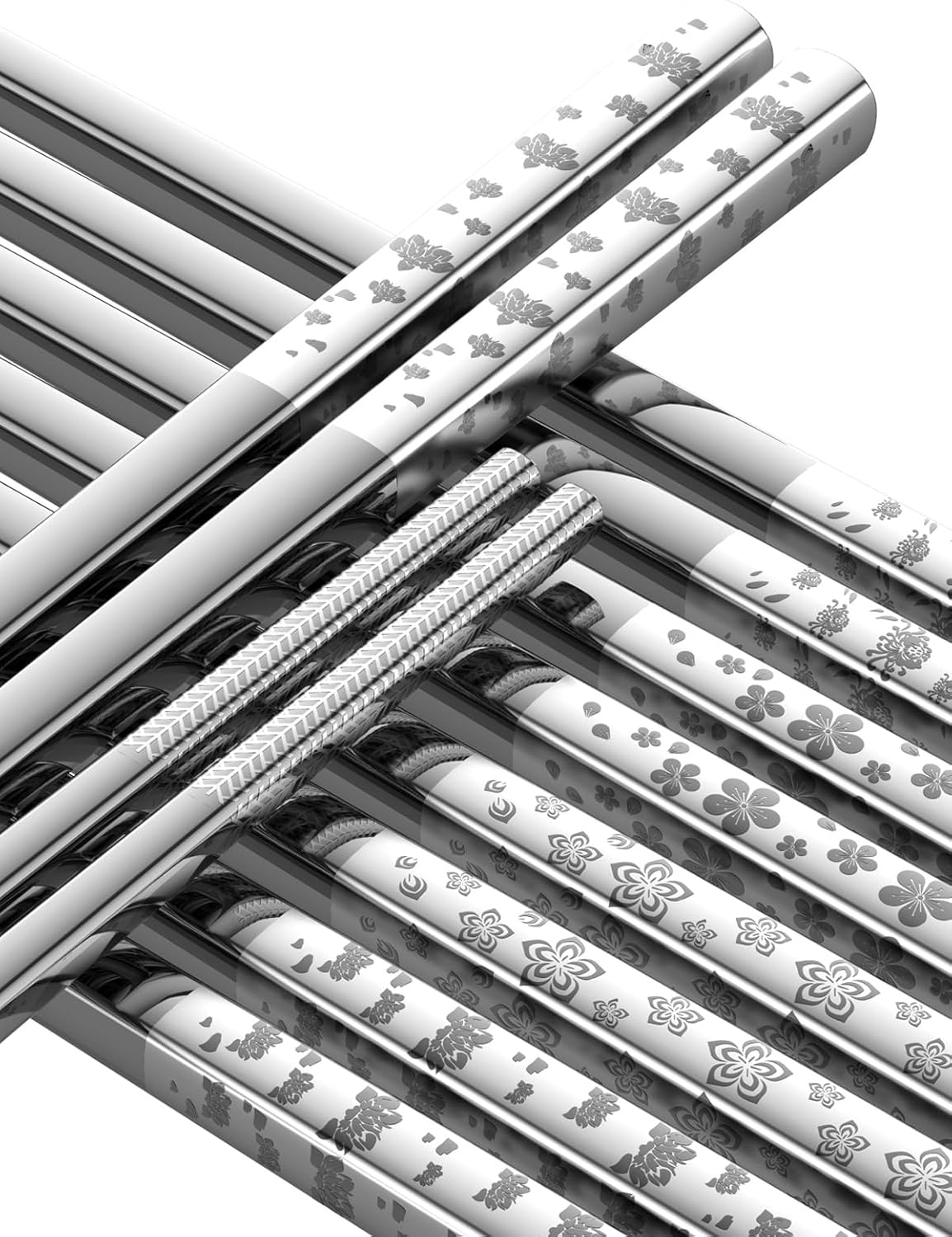 Metal Chopsticks Reusable 18/8 stainless steel Chopsticks 5 Pairs Classic Floral Dishwasher Safe Lightweight Non-Slip Chop Sticks 9 1/4 Inches Present Set