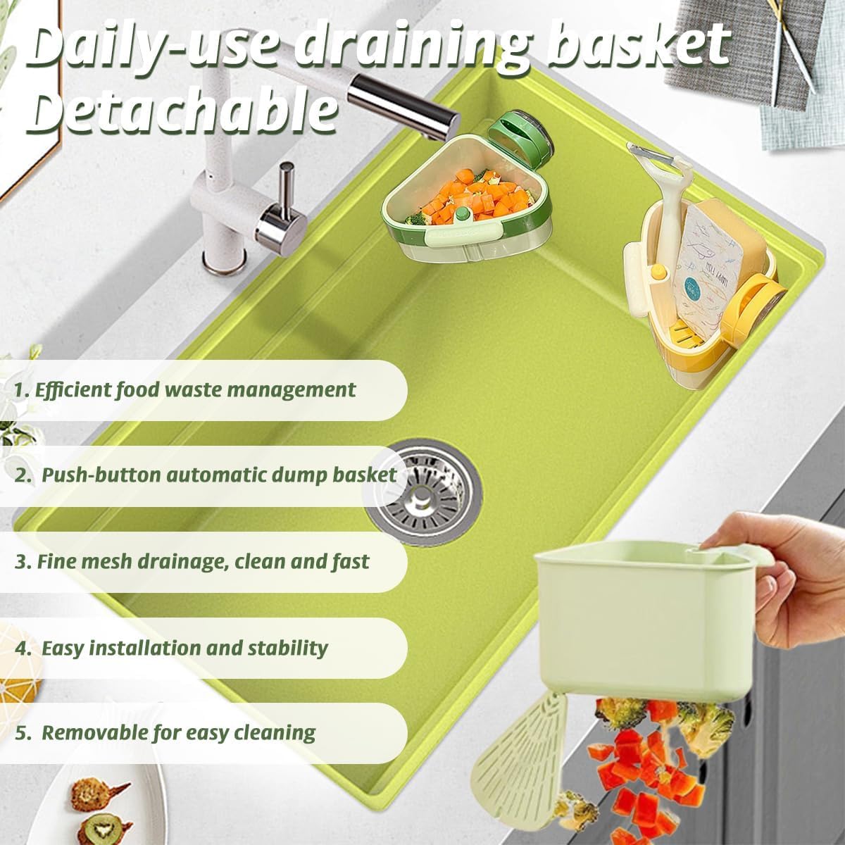 Suction Cup Sink Corner Rack, 2025 Upgraded Self-Cleaning Sink Strainer Basket, Removable Food Waste Catcher with Drain Hole, Say Goodbye to Gross Food Scraps and Smelly Sinks (2*Green)