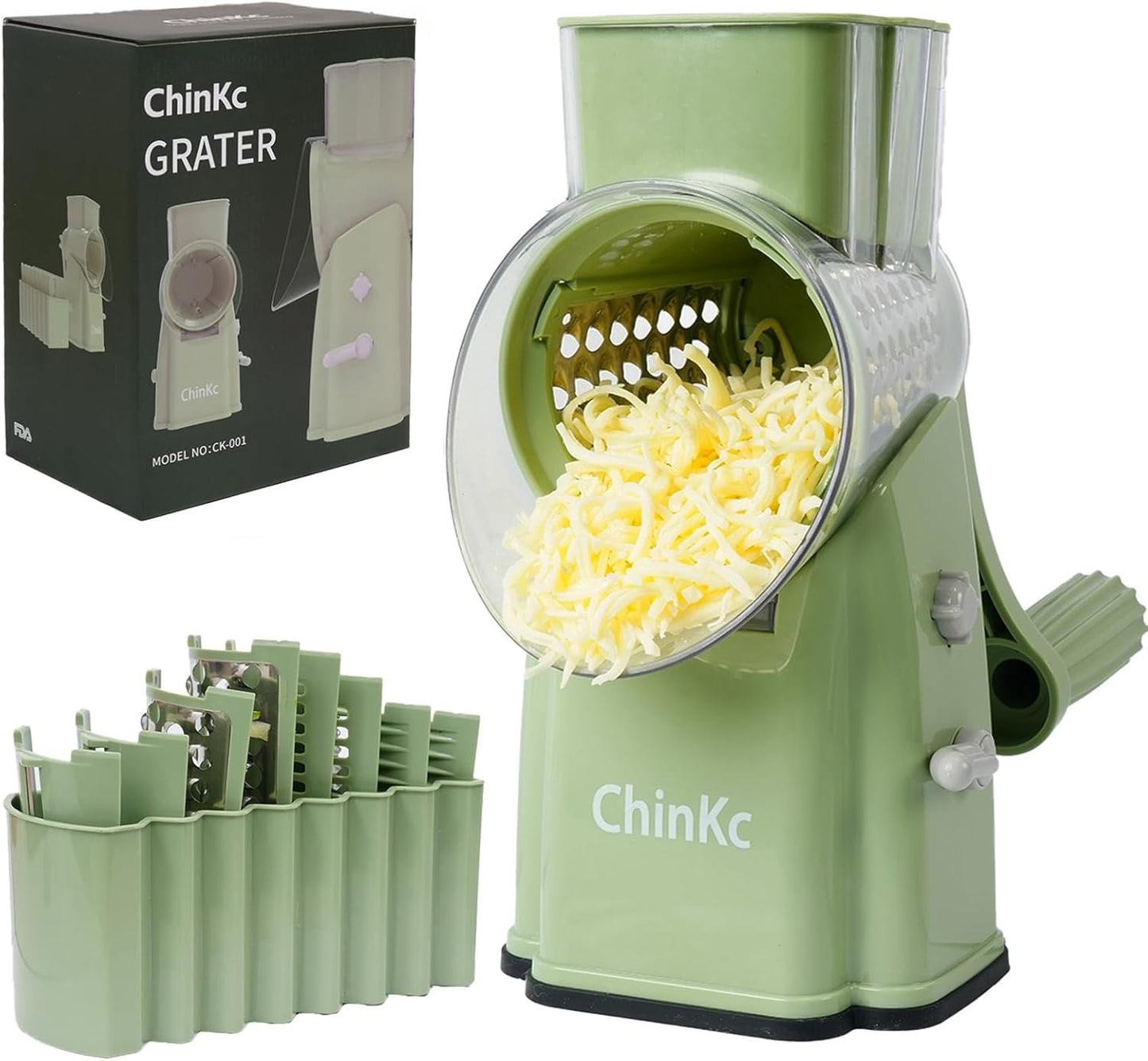 Rotary Cheese Grater Shredder - Upgraded 5 in 1 Cheese Grater with Handle and Strong Suction Base, Multi-purpose Julienne Slicer Ice Shaver Nuts Grinder for Ice, Vegetables, Fruit, Nuts