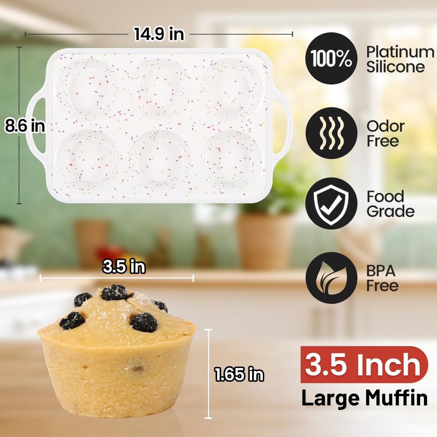 CAKETIME Large Muffin Pan Jumbo with Metal Frame 3.5 Inch Silicone Muffin Pan Nonstick 6 Cups for Baking Jumbo Muffin, Frittatas, Jumbo 1 Pack