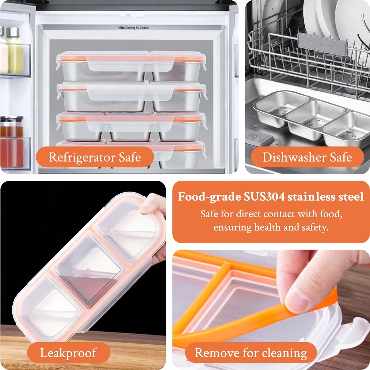 2 Pack Stainless Steel Snack Containers, 3 Compartment Snack boxes, Reusable Snack Containers with Lids for Adults - Leakproof Divided Metal Food Storage Bento Lunch Box for Work, Office, Travel