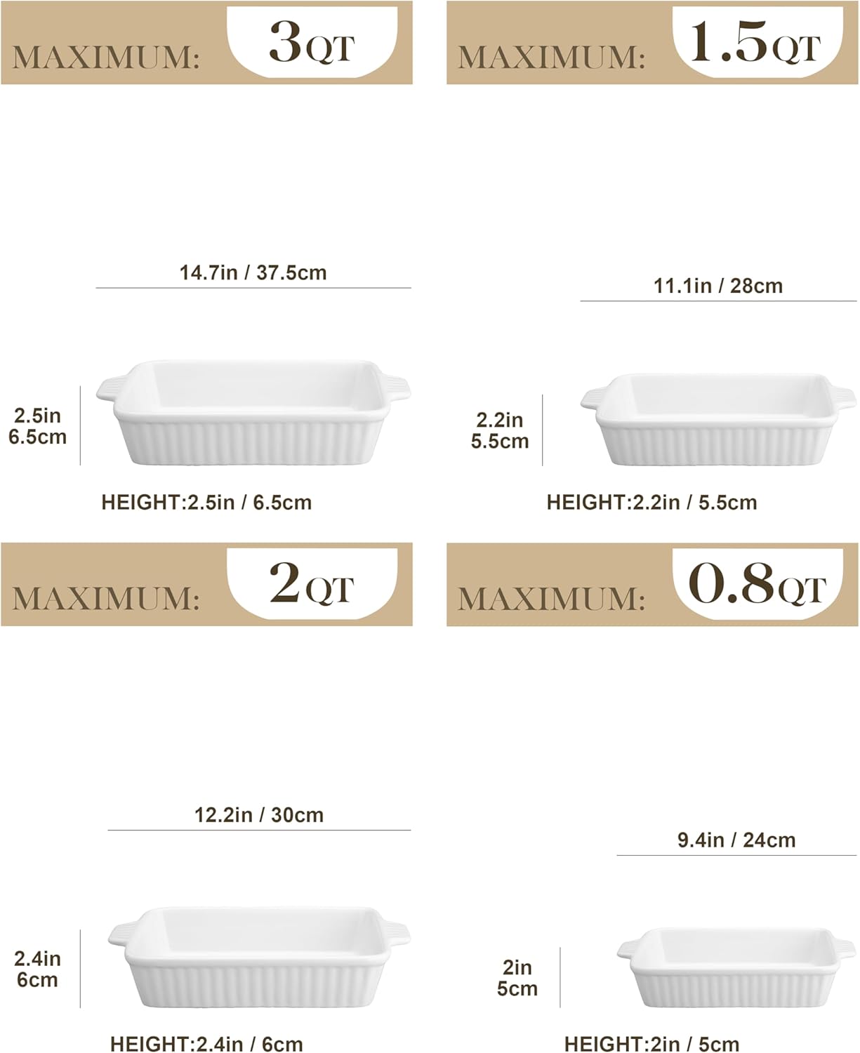 MALACASA Casserole Dishes for Oven, Porcelain Baking Dishes, Ceramic Bakeware Sets of 4, Rectangular Lasagna Pans Deep with Handles for Baking Cake Kitchen, White (9.4"/11.1"/12.2"/14.7"), Series