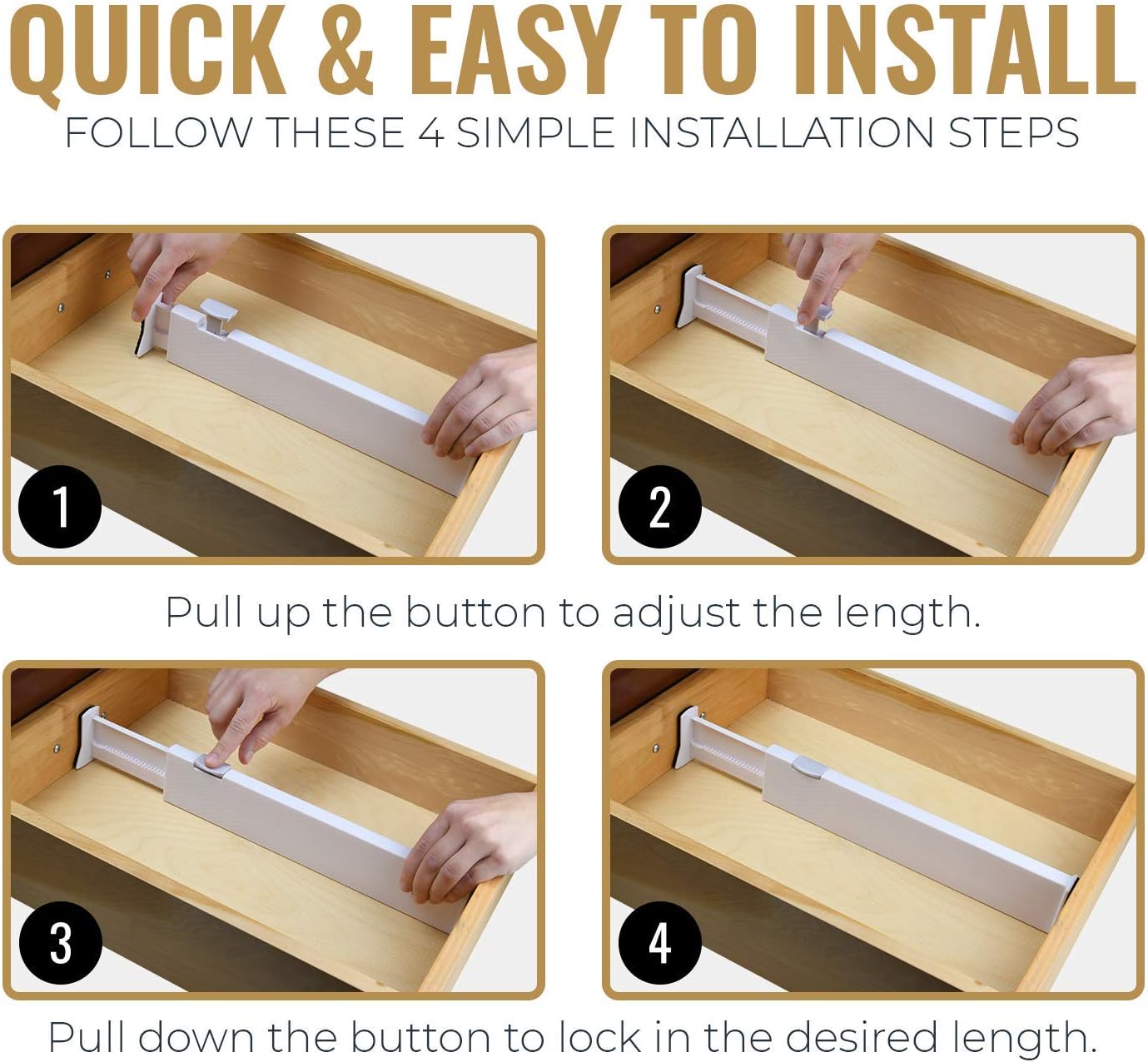 RAPTUROUS Adjustable Drawer Dividers 4 Pack, 2.5" High, 13-22" Long, Dresser Drawer Organizer for Bedroom, Closet, Kitchen, Nursery, Office, Strong Hold, Soft Foam Edges, White