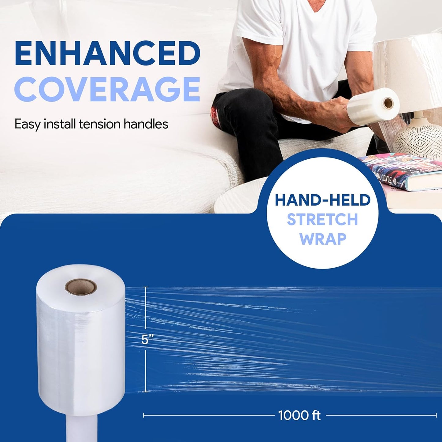 International Plastics Co. 12 Pack of 5" Plastic Stretch Film Wrap with Handles 1000 feet Each 500% Stretch Ability