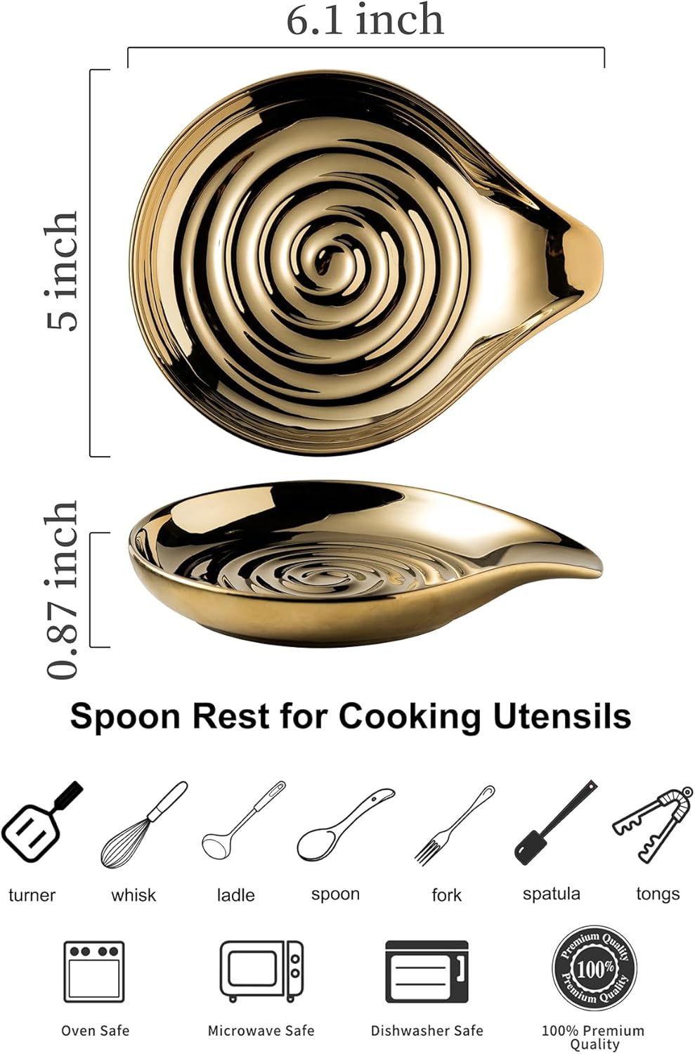 LAUCHUH Spoon Rest for Stove Top, Ceramic Spoon Holder for Kitchen Countertop Large Utensil Rest for Spatula, Spoons or Tong, Ladle, Fork, Christmas, 5 inch, Gold