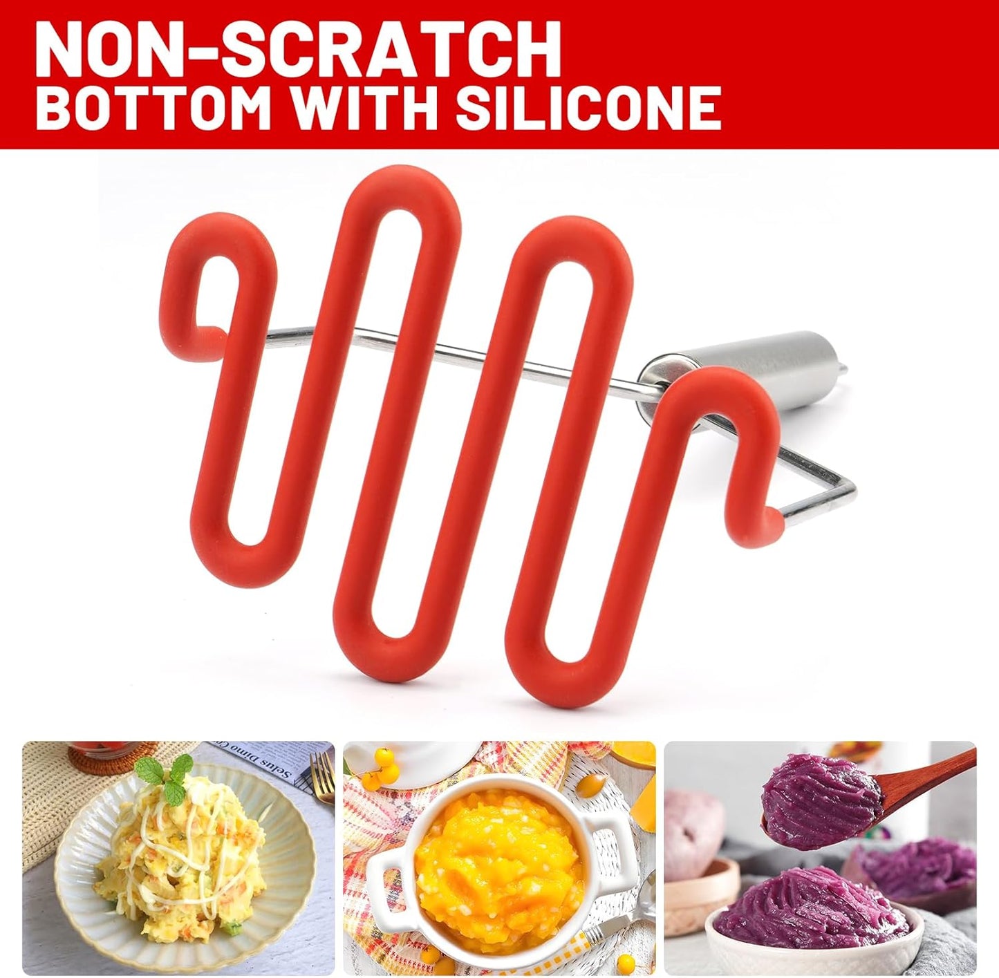 SHIKORI Non-Scratch Silicone Potato Masher Kitchen Tool, Potatoes Masher Potato Masher Stainless Steel Wrapped In Premium Silicone, Potato Smasher 2 Pcs-Black&Red