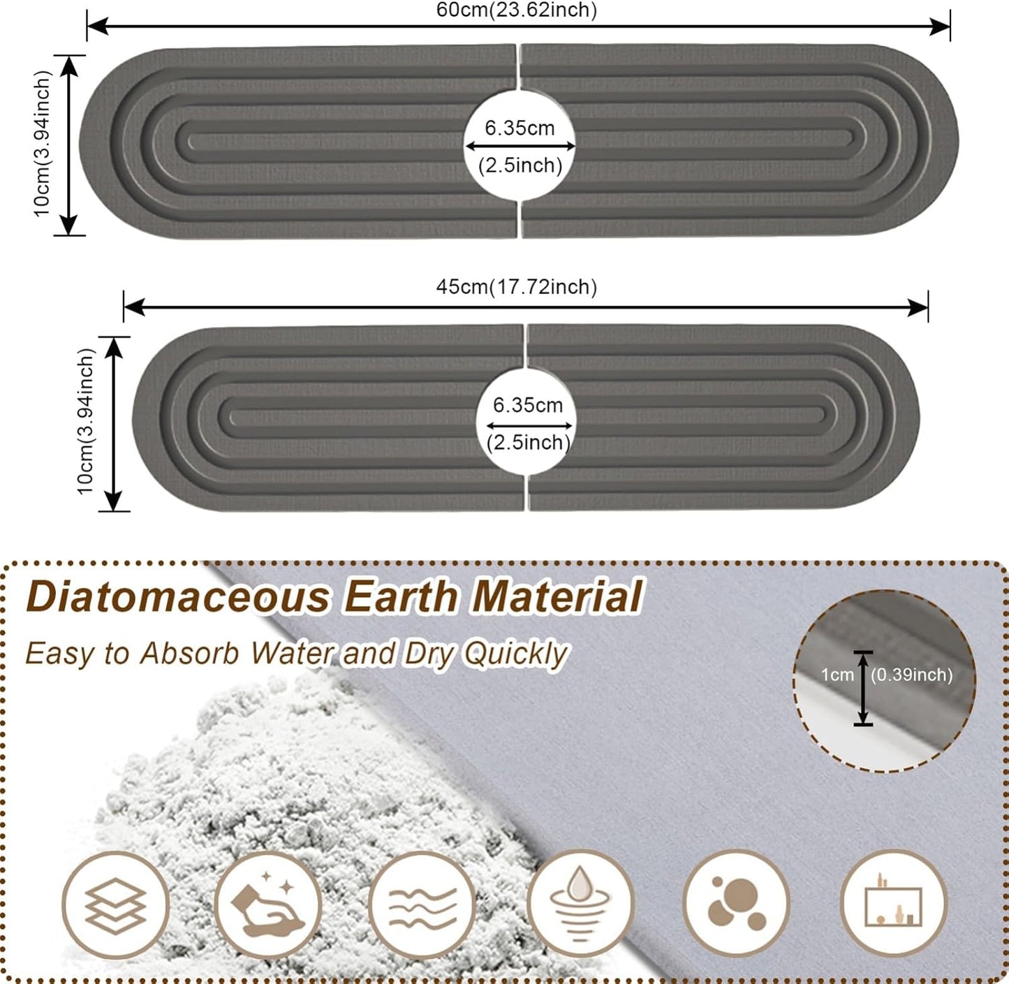 Faucet Mat for Kitchen Sink, Diatomite Super Absorbent Fast Drying Stone Sink Tray for Bathroom Kitchen Sink Splash Guard(Round Dark Grey,17.7x3.9in)