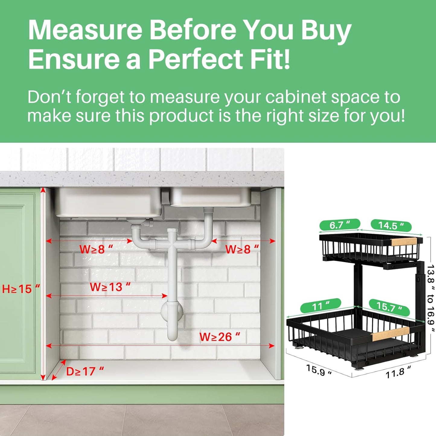 Pull out Cabinet Organizer, 2 Tier Under Sink Organizer, Slide out Metal Kitchen Cabinet Organizers Drawer Shelf, Sliding Storage Shelves for Kitchen Bathroom Pantry Cabinet Closet Organization Rack