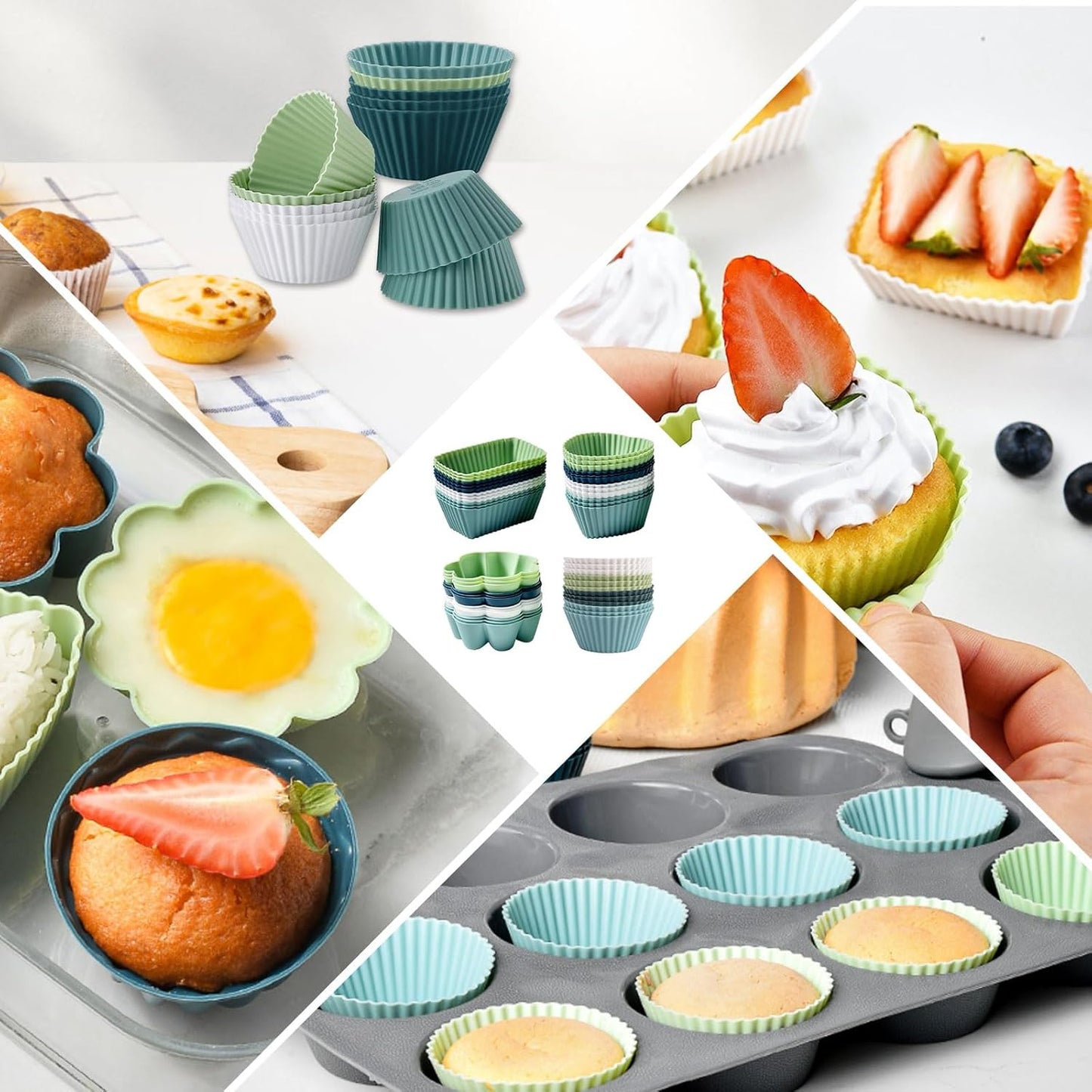 48 Pack Reusable Silicone Muffin Cups, Cupcake Baking Cups Mini Muffin Pan Silicone Cupcake Liners Non-stick Muffin Liners for Party (48, 4 Styles)