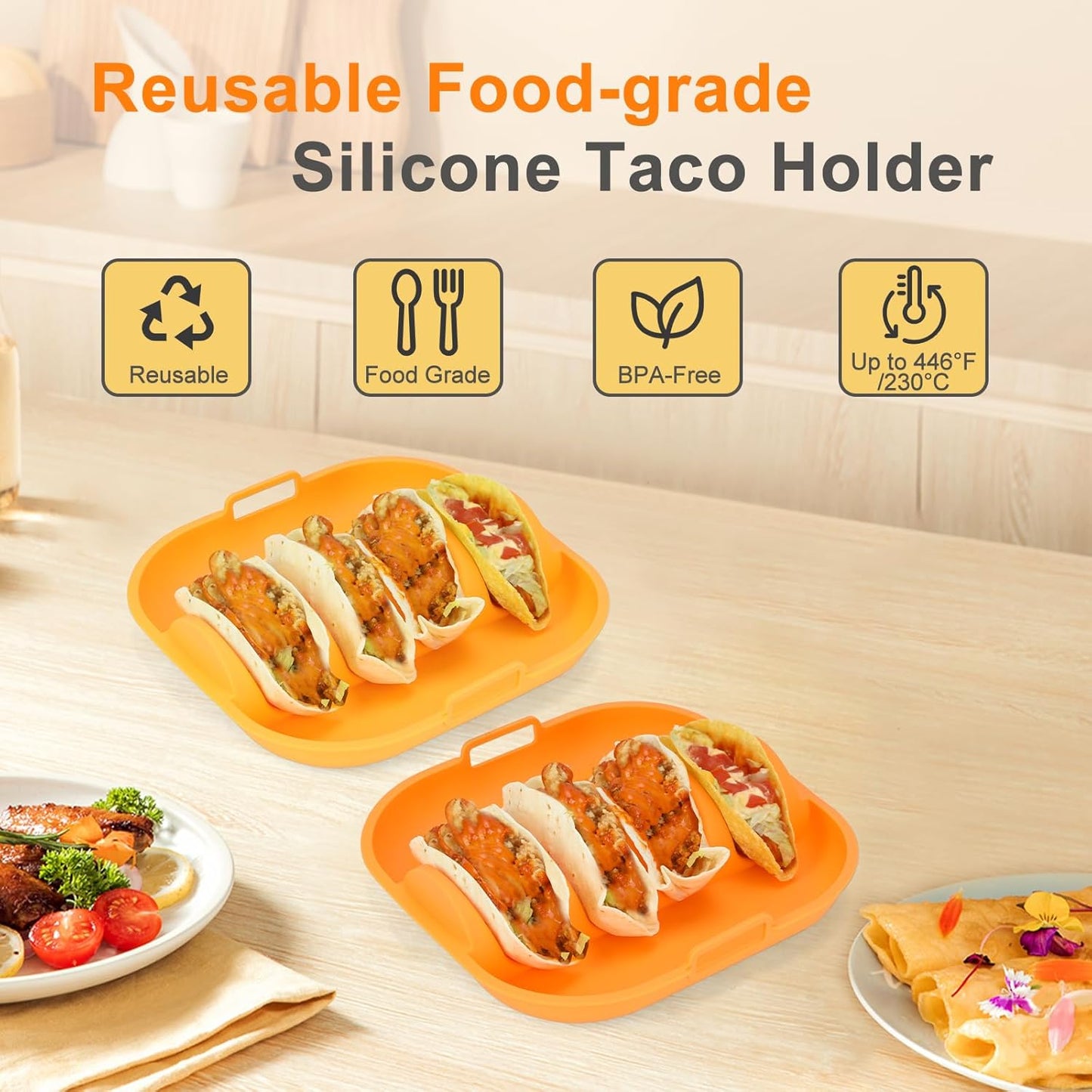 Silicone Taco Holder 2 Pack,10.2in Upgrade Reusable Taco Plates with Dividers,Fiesta Tacos Holder Tray.Taco Serving Plates, Dishwasher & Microwave Safe(2, ORANGE+YELLOW)