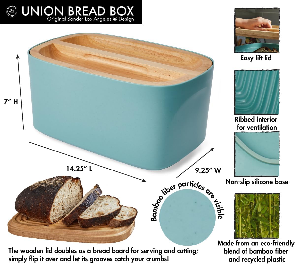 Sonder Los Angeles, Modern Bamboo Fiber and Recycled Plastic Bread Box (Blue Green) for Kitchen Countertop with Reversible Bread Board Wood Lid 14.25 x 9.25 x 7 in