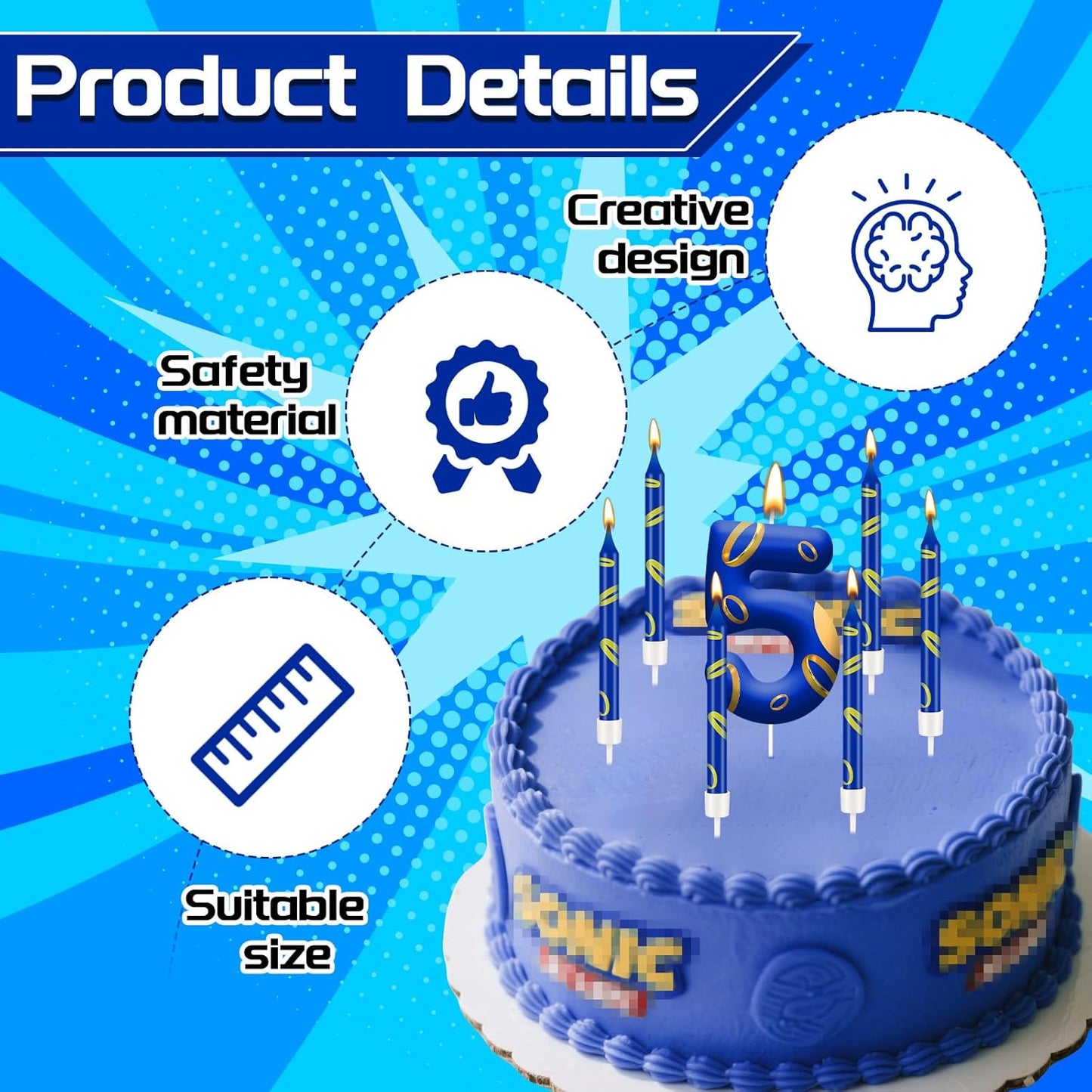 13PCS Birthday Cake Candles Set - Blue and Golden Ring Number Candles with Vibrant Designs for Boys & Girls, Theme Birthday Party Decorations, Cake Toppers for Theme Parties(Number 5)