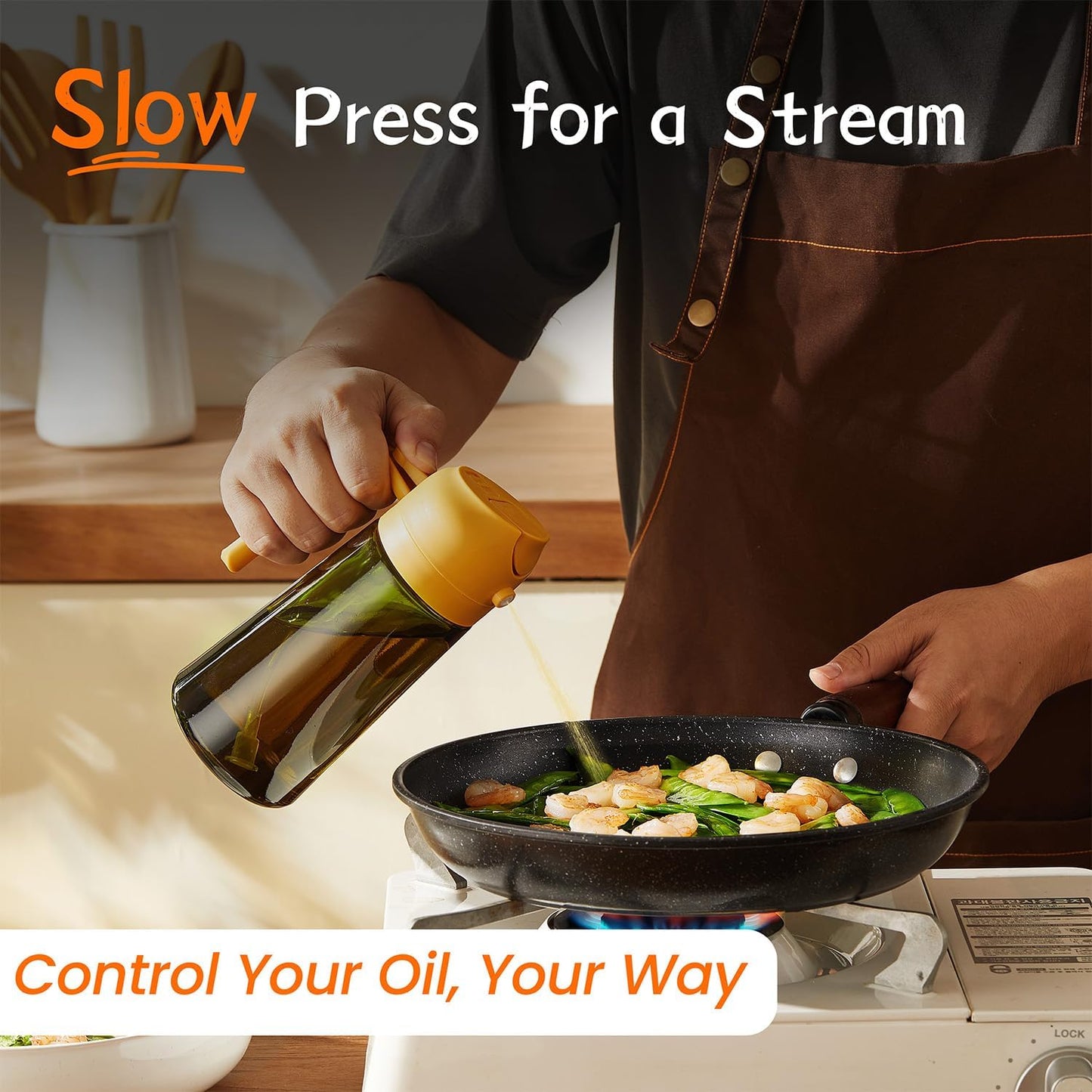 TrendPlain - Original 16oz/470ml Olive Oil Dispenser Bottle for Kitchen Gadgets and Air Fryer Accessories - Olive Oil Sprayer for Cooking w/Stickers - Yellow