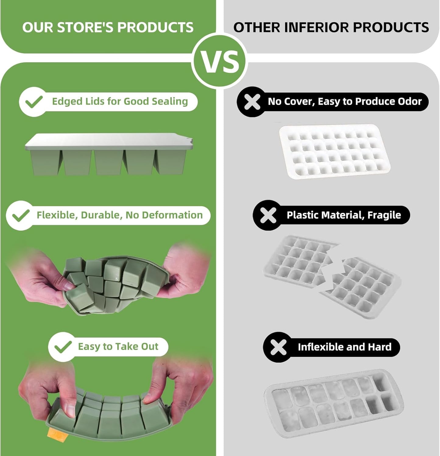 Silicone Ice Cube Tray, 3 Pack Easy-Release Stackable Ice Trays for Freezer with Lid 15 Reusable Cubes, Food Grade BPA Free Ice Molds for Whiskey, Baby Food, Coffee, Cocktail (Blue+Green+Grey)