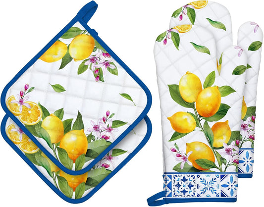 Summer Lemon Oven Mitts and Pot Holders Sets 4Pcs, 100% Cotton Heat Resistant, Extra Long Oven Gloves Potholder for Kitchen Cooking Baking Decoration