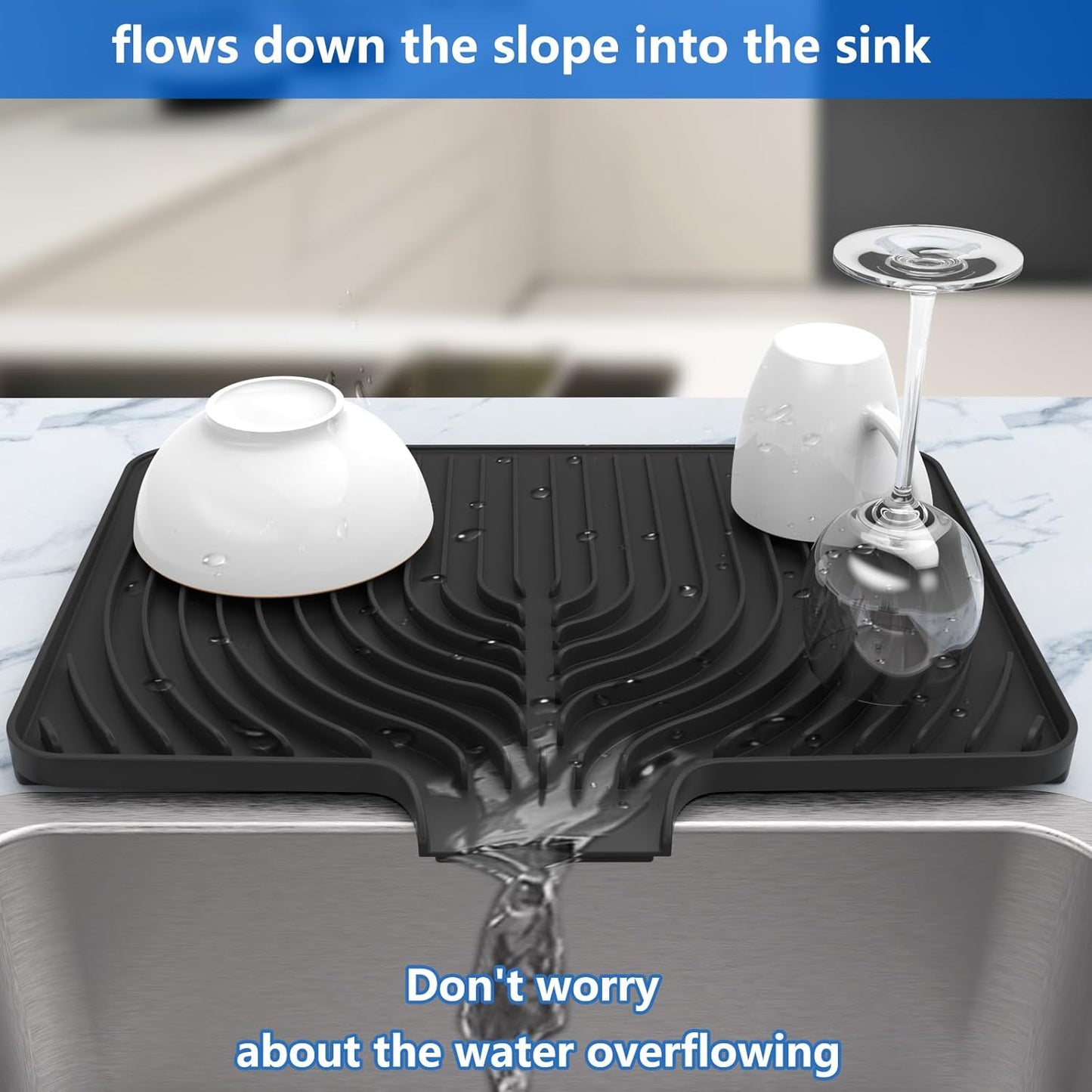 Kitchen Drying Mat for sink with a bulged edge,18"×12"Silicone Dish Drying Mat with built-in Drain Spout, Rubber Dish Mat for Kitchen (18"×12"black)