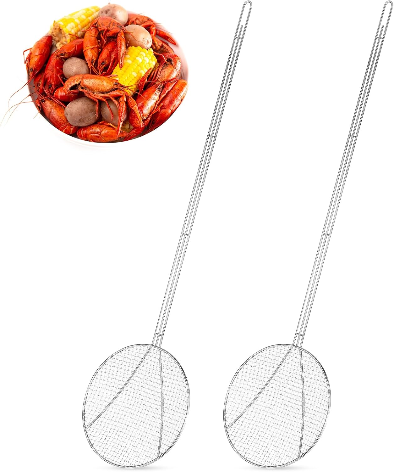 Baderke 2 Pcs 36 Inch Round Plated Wire Skimmer Stainless Steel Food Strainer Spoon Mesh Stirring Fryer Skimmer with Long Handle for Kitchen Fried Food Cooking Straining Frying